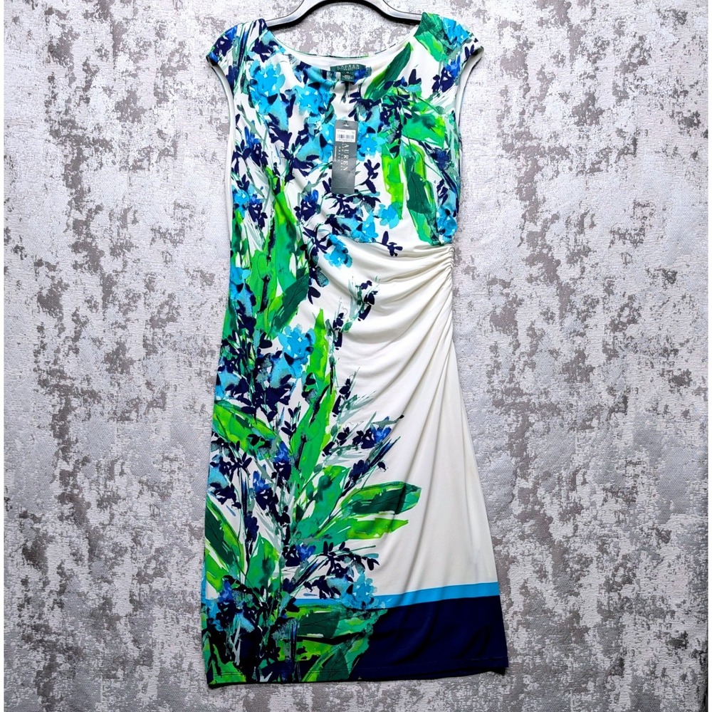 Lauren Ralph Lauren Floral Ruched Sheath Dress Blue Green White Size 10 NEW
